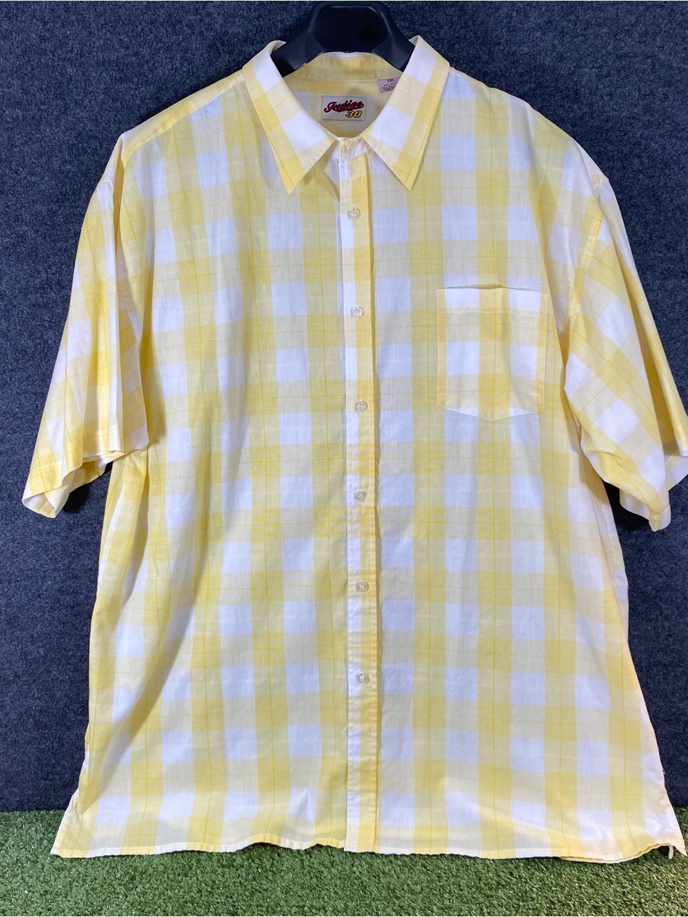 Men's Indigo 30 Yellow and White Checker Short-Sleeve Button-Down Shirt Size 3XL